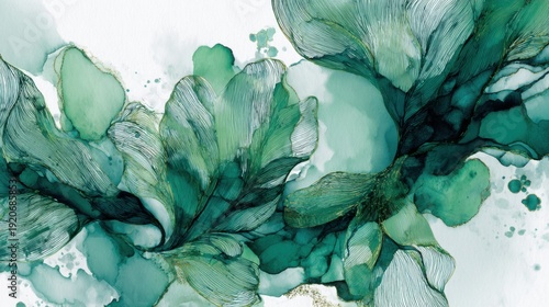 Ethereal green abstract floral ink wash art