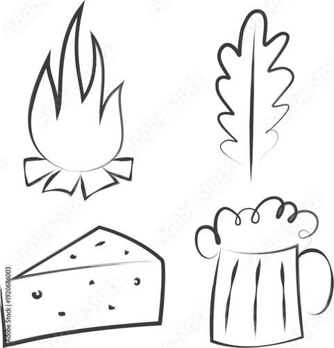 Hand drawn vector Ligo symbols, Latvian midsummer pagan festival, summer solstice, beer mug, bonfire, oak leaf, caraway cheese