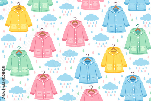 Colorful raincoats and clouds on a white background create a fun design for kids clothing or nursery decor