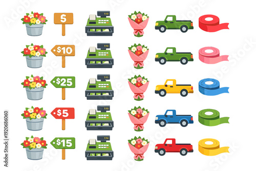 Flower shop items for sale with price tags showing different amounts and trucks delivering products in a cartoon style