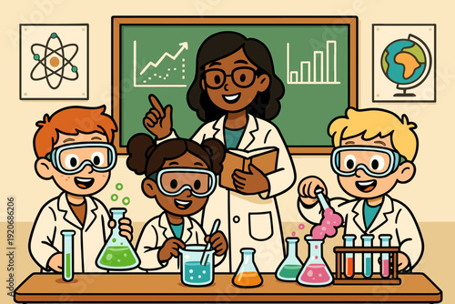 Children learning chemistry with a teacher in a classroom during a science lesson on experimentation and discovery