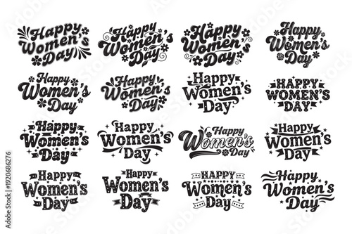 Happy international women's day typography vector set with floral wreath