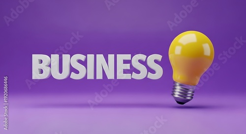 Yellow light bulb next to the word business on purple background