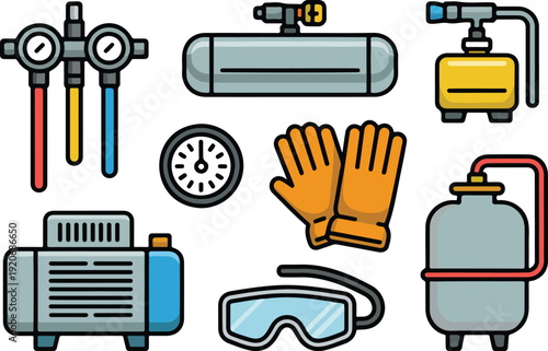 Industrial equipment vector collection including compressors pressure gauges tanks and safety gear for various uses.