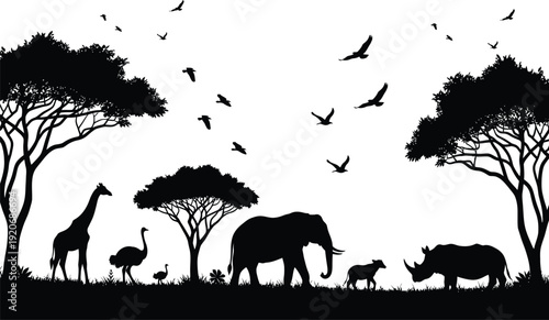Safari silhouette with diverse african wildlife