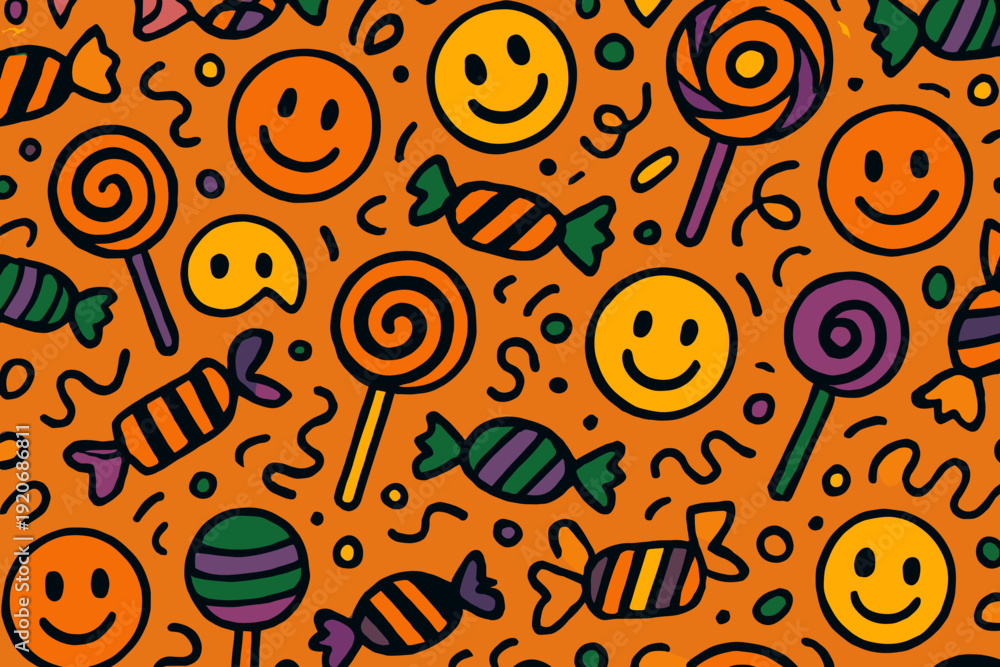 Fototapeta premium Fun candy and smiley face pattern on bright orange background with playful designs and shapes