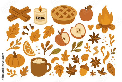 Fall themed illustrations showing simple objects related to autumn and harvest season with warm colors and cozy details in a flat style