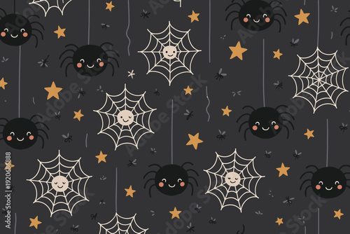 Black background with spiders, webs, and stars for Halloween decoration or party theme