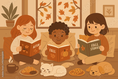 Friends enjoy reading stories about autumn while sitting on a cozy floor with snacks and pets in a warm indoor setting during the fall season