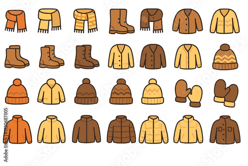Different types of winter clothing displayed in various colors and styles arranged in a neat grid