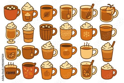 Various mugs with hot drinks including coffee and tea arranged in a grid on a white background during a cozy moment