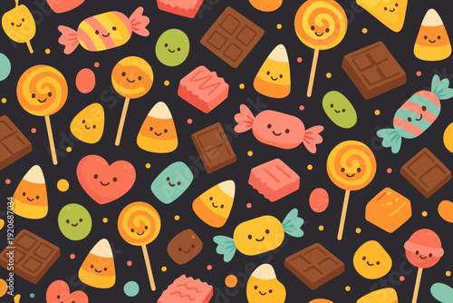 Colorful candy pattern with different sweets on a dark background for fun and playful designs