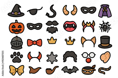 Collection of Halloween costume accessories including masks, hats, and props on a white background