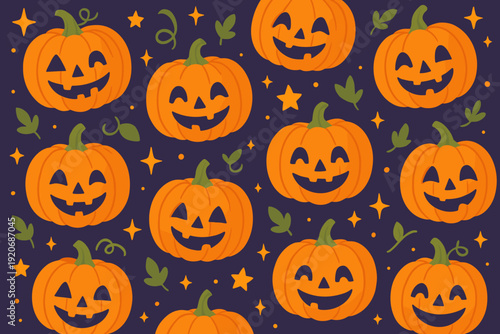 Pumpkins with faces and stars fill the dark background for a festive autumn celebration in a fun design