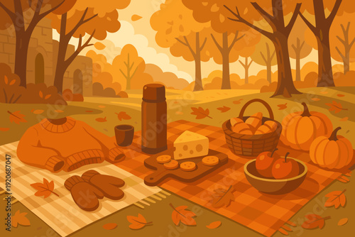 Enjoying a picnic in a sunny park during autumn surrounded by trees and colorful leaves