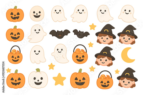 Fun Halloween stickers with pumpkins, ghosts, bats, and children in witch hats for seasonal decoration