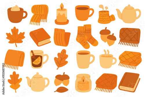 Warm autumn items and activities in shades of orange and brown showing cozy feelings of the season