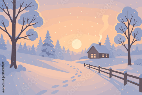 Winter scene with a cabin surrounded by snow-covered trees and a setting sun in the background