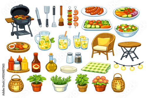 Grill setup with food items and outdoor accessories for a festive cookout at a backyard location in the evening