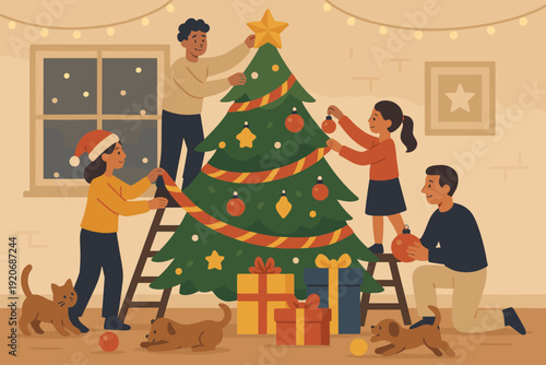 Family decorates Christmas tree at home while pets play around during holiday season in cozy living room