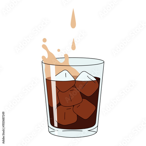 Refreshing cola drink with ice cubes splashing in a glass, close-up shot