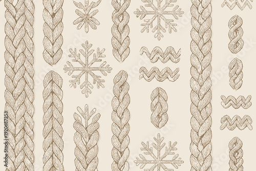 Patterns of braids and snowflakes in light colors on fabric background