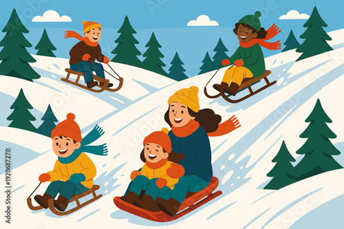 Children and adults sledding down a snowy hill on a winter day with trees and clouds in the background
