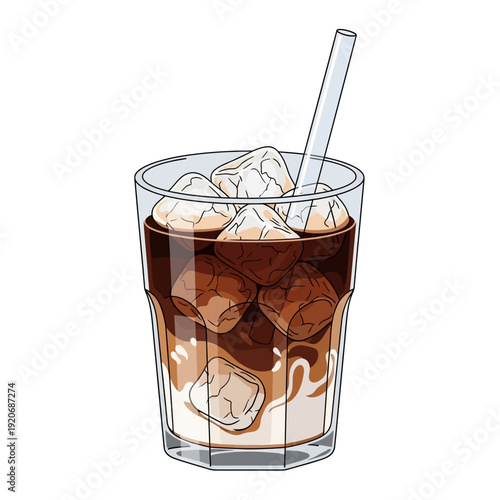 Refreshing iced coffee with milk and ice cubes in a glass, close-up, studio shot