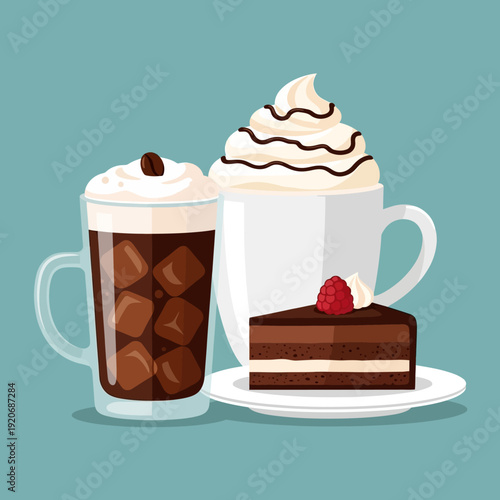 Iced Coffee, Chocolate Cake Slice, Whipped Cream, Dessert, Beverage, Sweet Treat