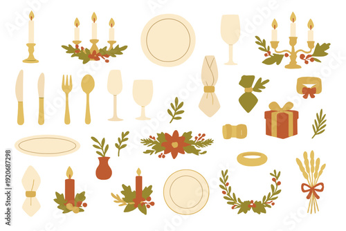Decorative table items for a holiday gathering with candles, plates, and festive decorations in warm colors