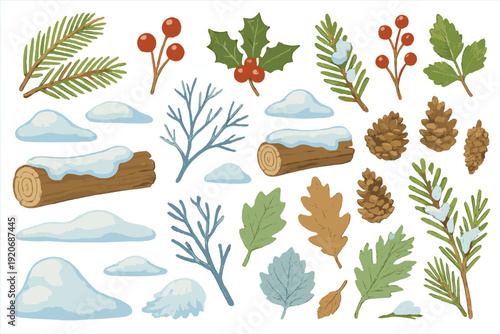 Winter plants and elements with snow in a simple design suitable for seasonal decoration and crafts during the cold months