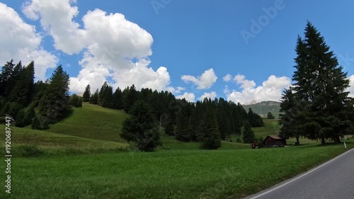 Summer Day In The Italian Dolomite,green meadows and fir trees in the foreground and mountains in the background in Italy, Movement View from the Road