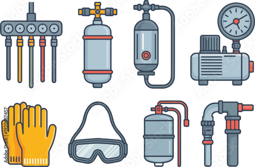 Industrial equipment vector collection including compressors pressure gauges tanks and safety gear for various uses.