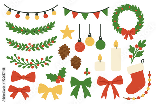 Christmas decorations and festive elements for holiday crafts and designs in a colorful arrangement on a white background