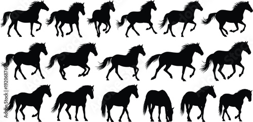 Collection of black horse silhouettes in various action poses including running, galloping, trotting, and grazing for equestrian wildlife nature graphic design and icons