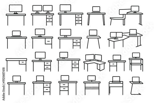 Different types of desks and computer setups for home and office use with various arrangements and styles displayed clearly