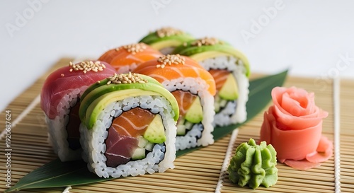 Assortment of sushi rolls with salmon tuna and avocado on bamboo mat image photo