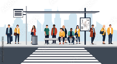 Modern vector illustration of a busy city bus stop with diverse commuters waiting under shelter, route signage, bench and crosswalk in clean flat style with solid colors for urban mobility design