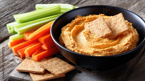 A vibrant platter displays two bowls of hummus, colorful vegetables, and pita bread, all set against a dark background