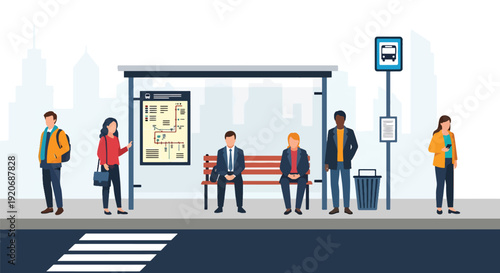 Modern vector illustration of a busy city bus stop with diverse commuters waiting under shelter, route signage, bench and crosswalk in clean flat style with solid colors for urban mobility design