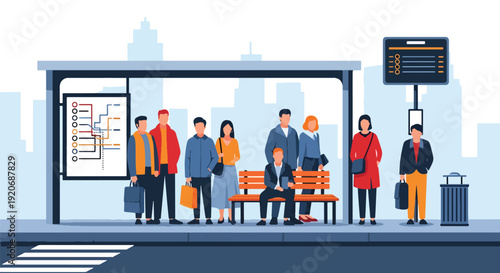 Modern vector illustration of a busy city bus stop with diverse commuters waiting under shelter, route signage, bench and crosswalk in clean flat style with solid colors for urban mobility design