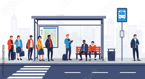 Modern vector illustration of a busy city bus stop with diverse commuters waiting under shelter, route signage, bench and crosswalk in clean flat style with solid colors for urban mobility design
