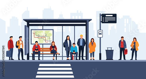 Modern vector illustration of a busy city bus stop with diverse commuters waiting under shelter, route signage, bench and crosswalk in clean flat style with solid colors for urban mobility design