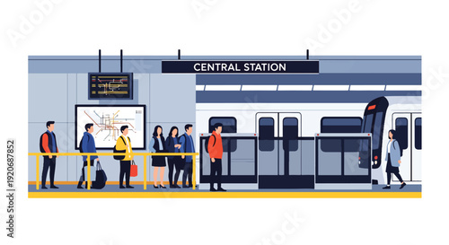 Modern vector illustration of subway train arriving at underground platform with passengers standing behind safety line, signage and map boards in flat solid color style for urban transport themes