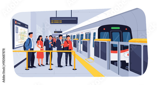 Modern vector illustration of subway train arriving at underground platform with passengers standing behind safety line, signage and map boards in flat solid color style for urban transport themes