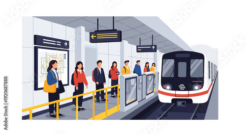 Modern vector illustration of subway train arriving at underground platform with passengers standing behind safety line, signage and map boards in flat solid color style for urban transport themes