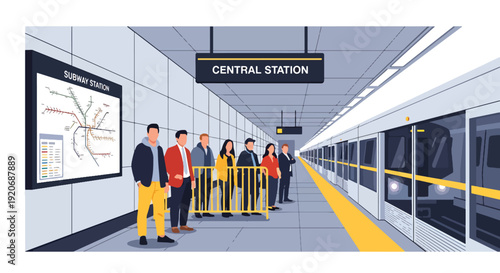 Modern vector illustration of subway train arriving at underground platform with passengers standing behind safety line, signage and map boards in flat solid color style for urban transport themes