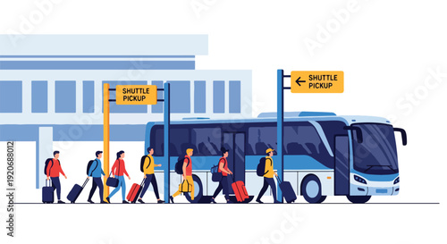 Modern vector illustration of airport shuttle pickup zone with travelers carrying luggage near terminal building and transport signage in clean flat solid color style for travel mobility concept
