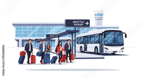 Modern vector illustration of airport shuttle pickup zone with travelers carrying luggage near terminal building and transport signage in clean flat solid color style for travel mobility concept
