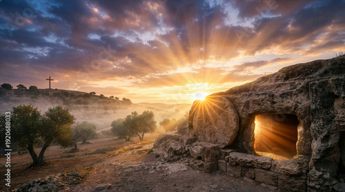Empty tomb with stone rolled away at sunrise symbolizing resurrection